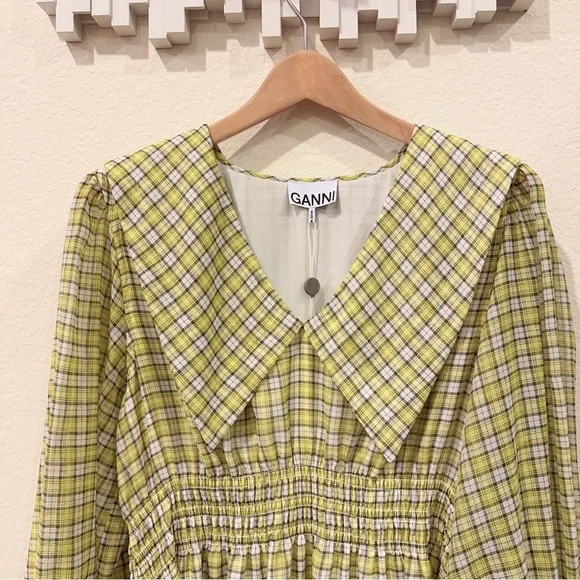 Ganni Yellow Green Point Collar Checked Long Sleeve Mini Dress Size 8 NWT - Picture 6 of 10